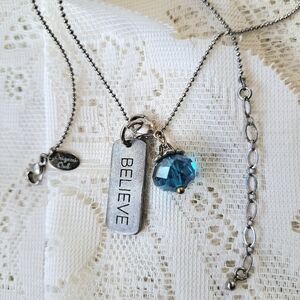 Origami Owl 17" Believe Tag Necklace with Faceted Blue Crystal Charm Silver Tone